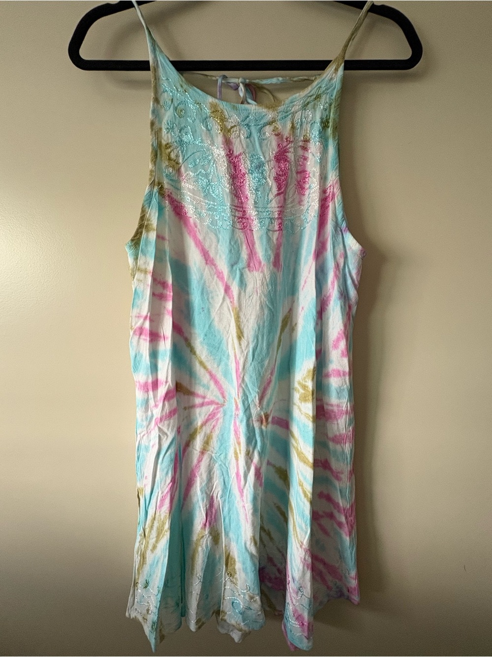India Boutique Tie-Dye Dress in Aqua, Pink & Gold Accents
